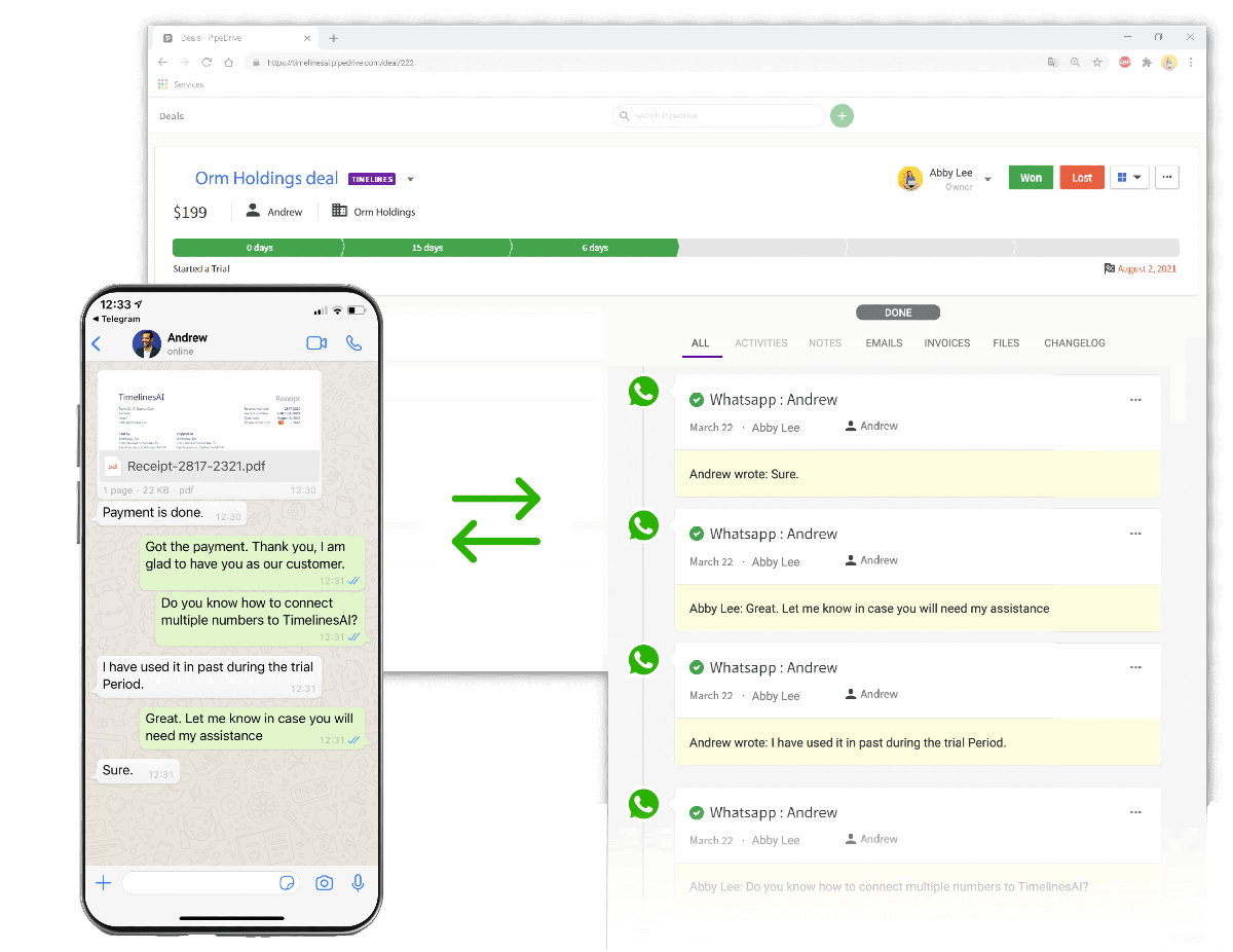 Sync Whatsapp messaging into PipeDrive deals1