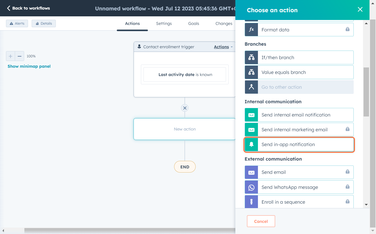 send in app notification action