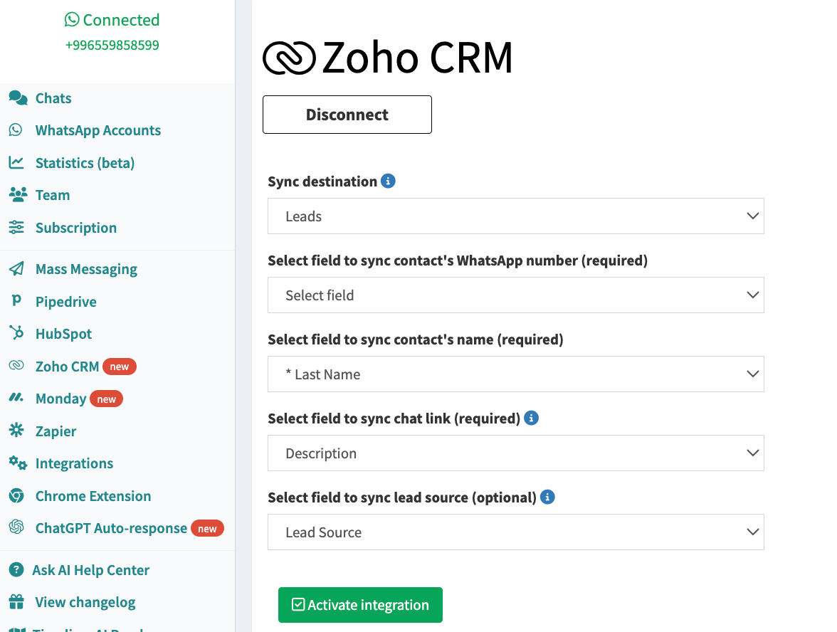 TimelinesAI: ZohoCRM integration with WhatsApp