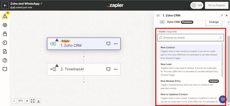 Zapier and WhatsApp integraion specify the trigger