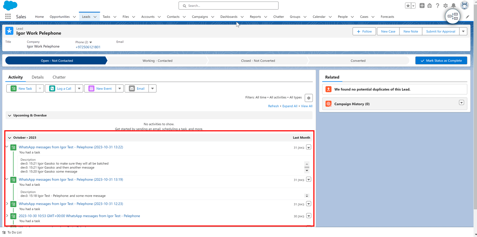 WhatsApp chats sync is Salesforce